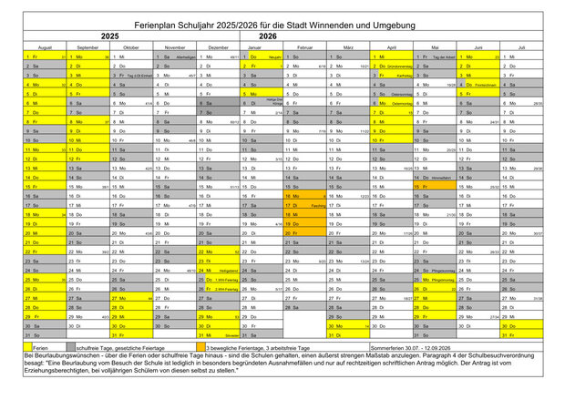 Ferienplan für das Schuljahr 2025/26