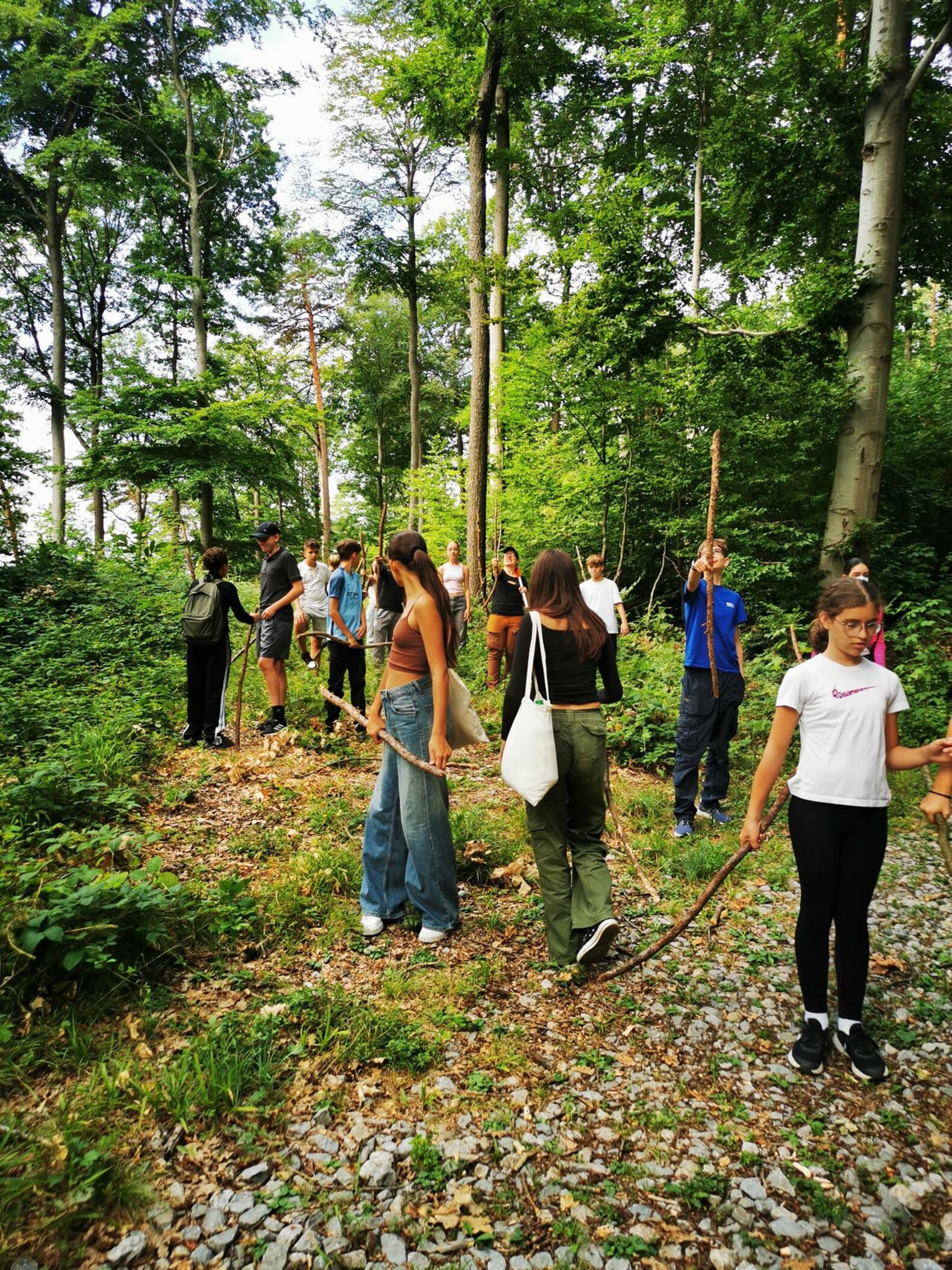 Schüler*innen im Wald, die Stöcker halten.