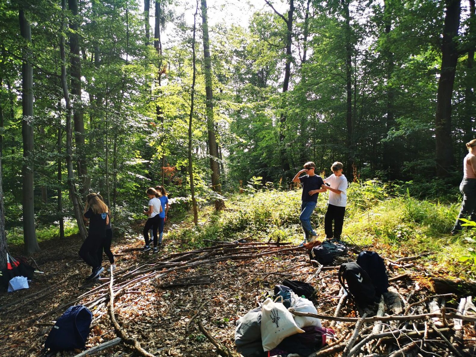 Schüler*innen im Wald, die einen Kreis aus Ästen formen.