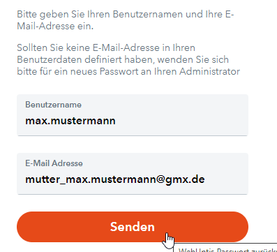 Benutzername und Email für Rücksetzung des Passworts eingeben